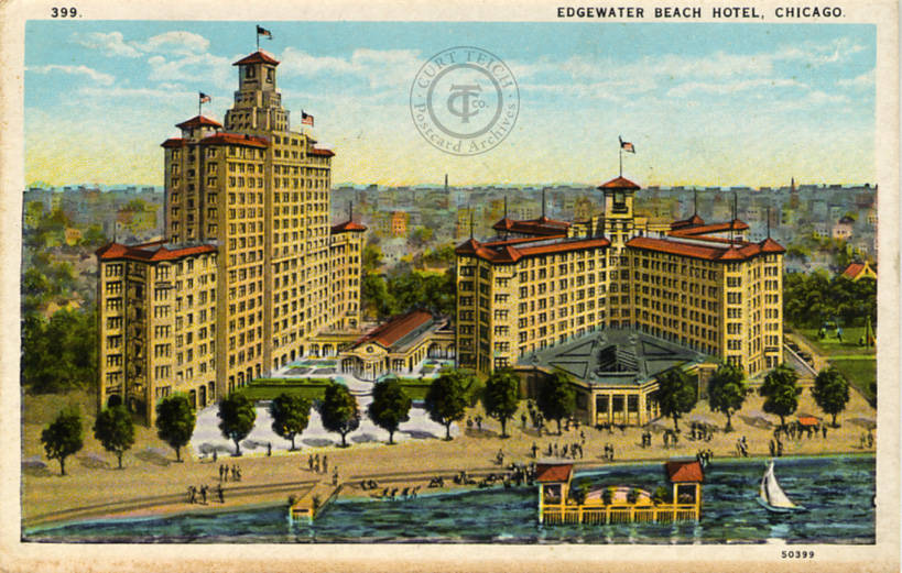 Vintage Curt Teich postcard of the Edgewater Beach Hotel on the Chicago lakefront