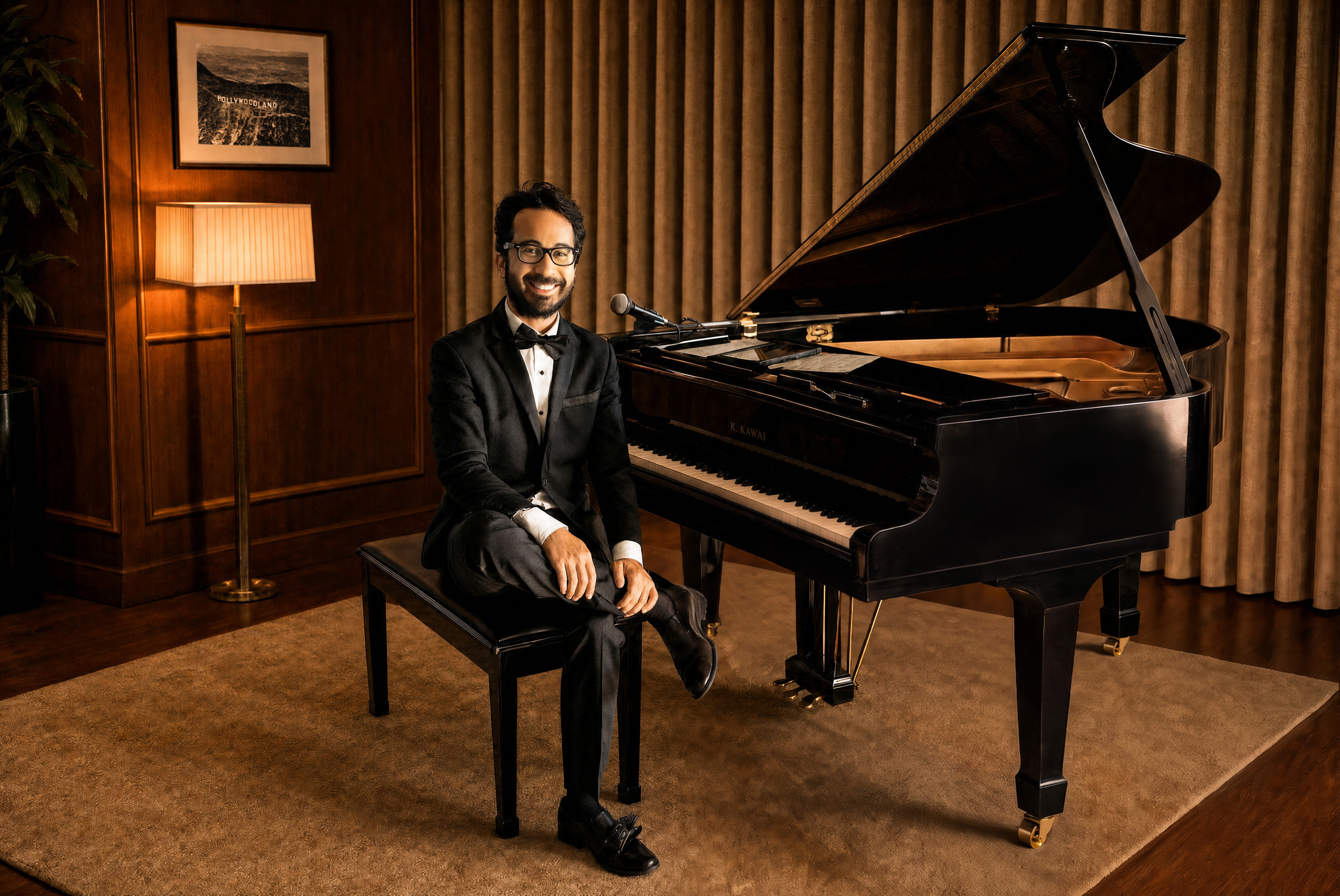 Steven Solomon in black tie seated at a grand piano