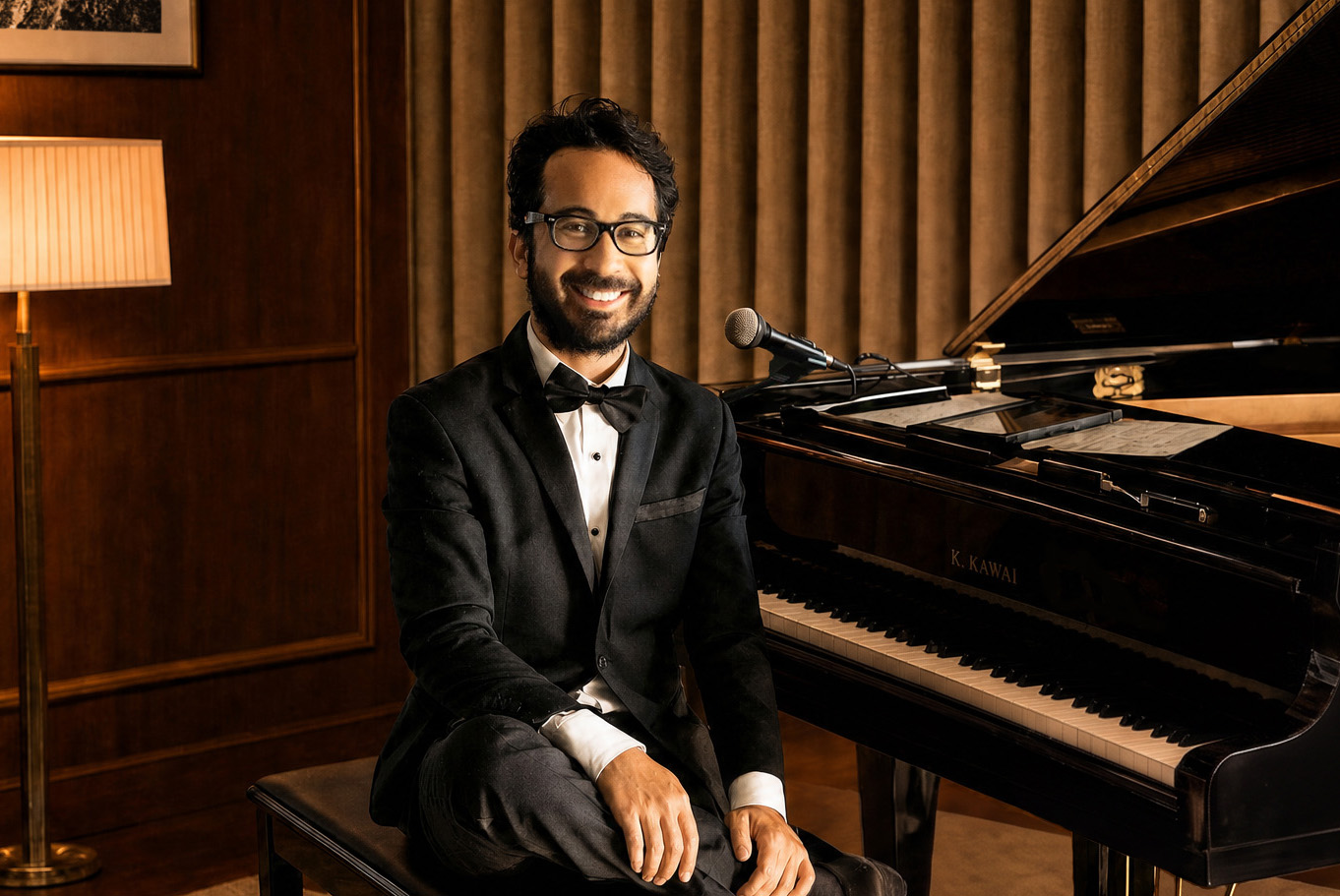 Steven Solomon in black tie seated at a grand piano